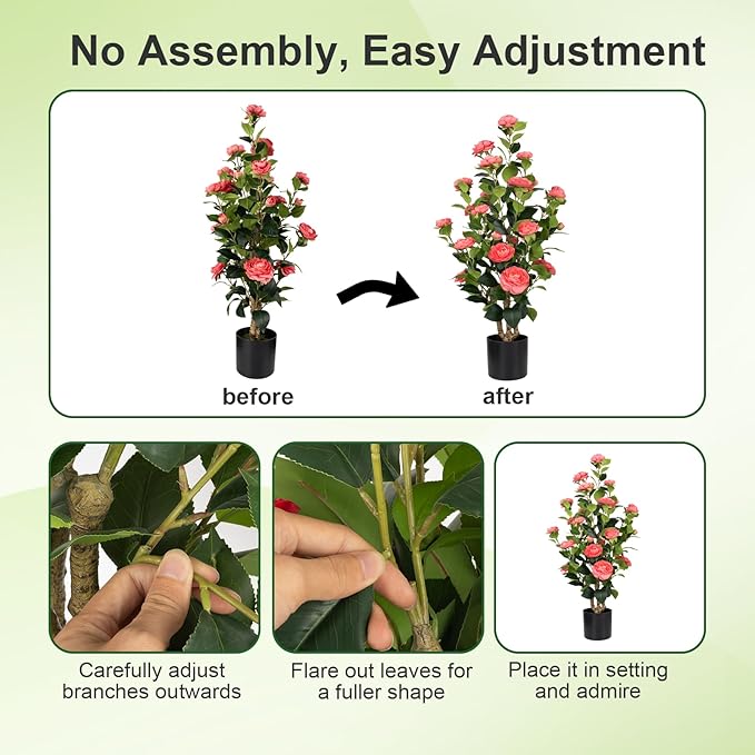 Romantic Season 2Pack Artificial Camellia Tree 3FT, Pink Faux Camellia Plant Fake Potted Camellia Flower Tree Plastic Camellia Tree for Modern Home Office Living Room Floor Décor Indoor