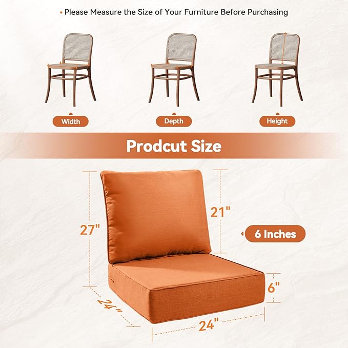 Luxury 6" Outdoor Cushions for Patio Furniture, 24x24x6 Thick Seat Cushion Set of 2, Fade Resistant Couch Chair Replacement Cushions High Density Deep Wicker Chair Cushion w/Removable Cover, Orange