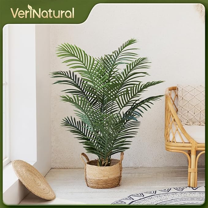 Artificial Palm Tree, 4FT Tall Fake Palm Trees with UV Resistant Leaves, Potted Faux Areca Palm Plant for Indoor Outdoor, Large Floor Plants for Home Living Room Porch Decor, VN125