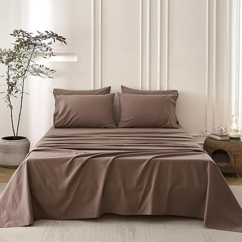 6PS Linen Like Bedding Sheet Sets Light Chocolate Brown Cotton Bedding Set Oeko-TEX Standard 100% Washed Cotton Deep Pocket King Size Fitted Sheet Plus Cozy Flat Sheet and 4 Pillowcases