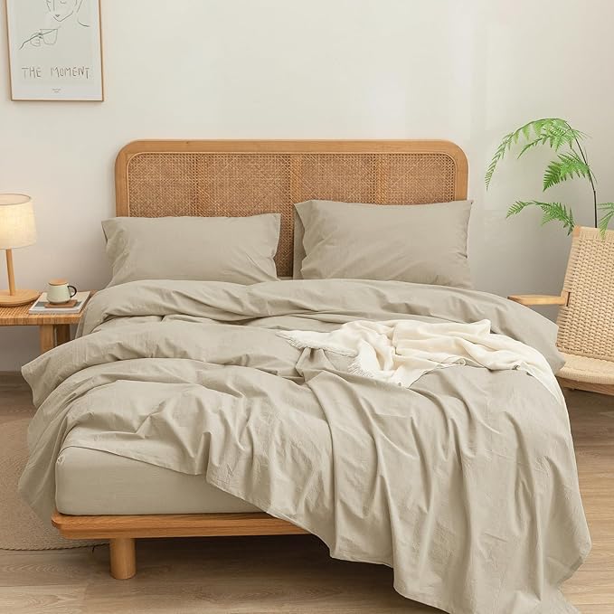 BESTOUCH Sheet Set 100% Washed Cotton Linen Feel Super Soft Comfortable Chic Lightweight 4 Pcs Home Bedding Set Solid Almond Milk Grey Queen