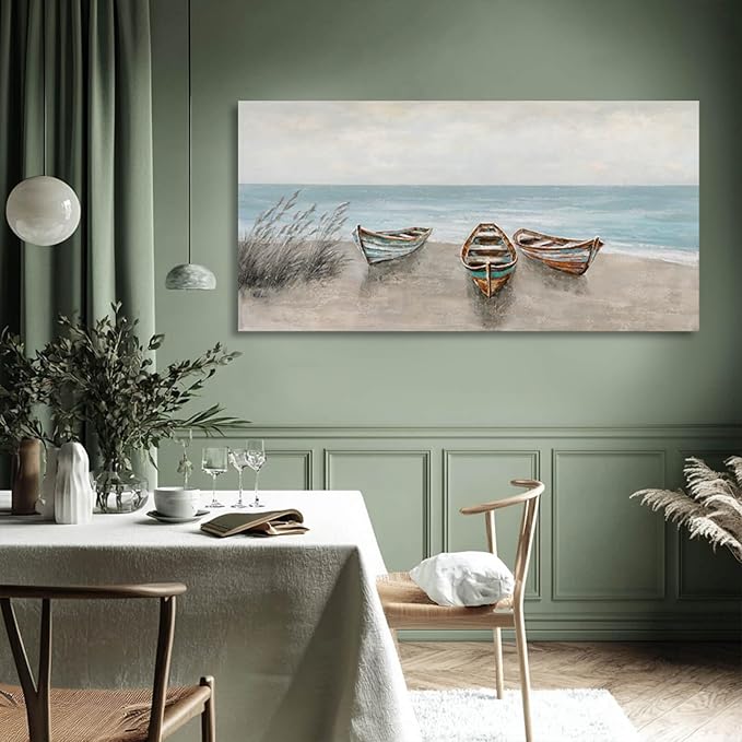 WINKAILIN Coastal Wall Art Beige and Blue Pictures Wall Decor Boat Canvas Prints 24"x 48" Scenery Artwork Vintage Posters for Bedroom Office Home