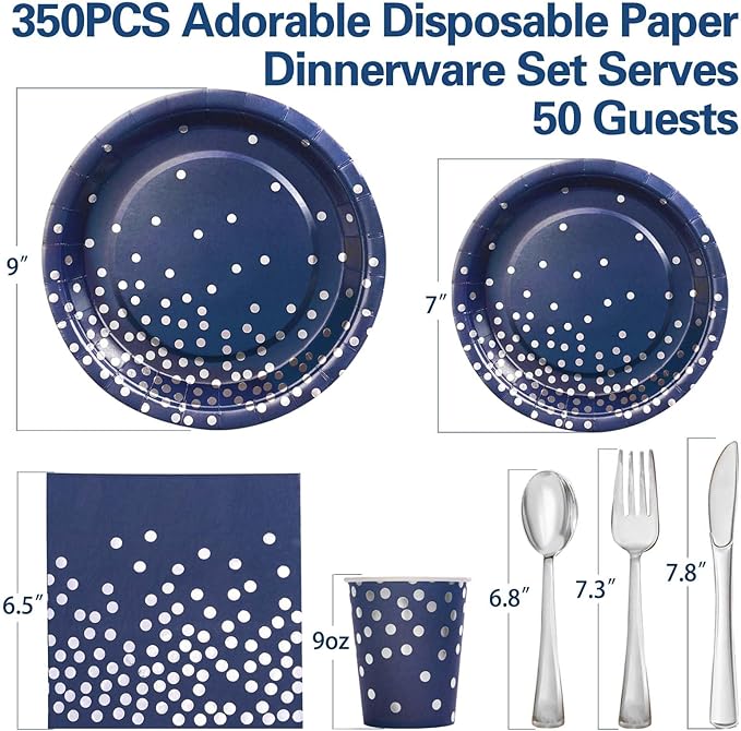 Gudvilla350 PCS Navy Blue Plates and Napkins Party Supplies,Navy Blue Paper Plates with Plastic Silverware Serve 50 Guests,Blue and Silver Birthday Plates Disposable for Wedding Retirement Decorations