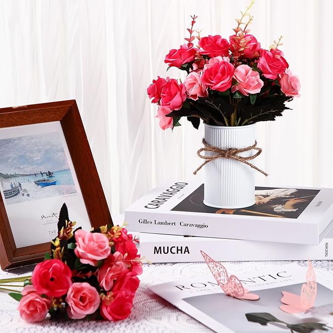 Domensi 6 Sets Wedding Centerpiece for Table Artificial Rose with Vase Fake Bouquets and Metal Pot Floral Arrangements for Holiday Party Event Table Decor (Rose Red)