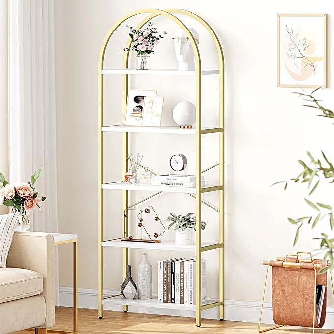IDEALHOUSE Bookshelf 5 Tier Bookcase Arched Display Racks Tall Standing Bookshelves Metal Frame Modern Storage Rack Shelf Large Wood Book Shelf for Bedroom, Living Room, Home Office, White/Gold