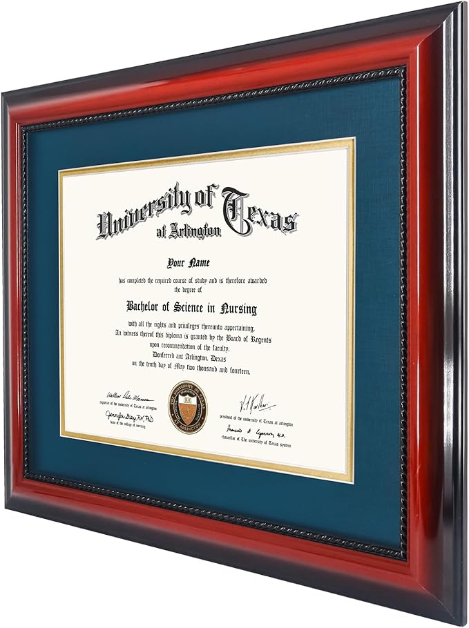 11x14 Diploma Degree Frame with Navy Mat or Display 15x18 Certificates without Mat,Solid Wood,Cherry Finish with Intricate Black Rope Detail,UV Protection Acrylic