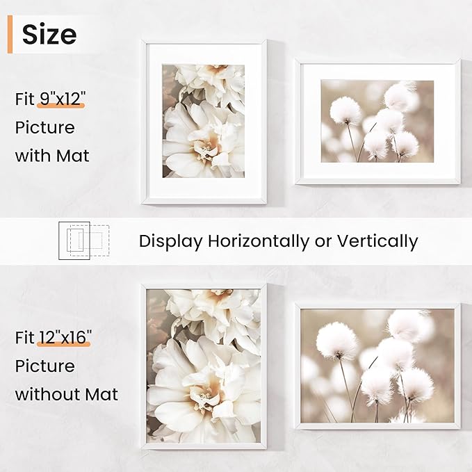 12x16 inch Picture Frame, 12x16 Photo Frames with 8.5x11 Removable Mat - High Definition Plexiglass - Vertical and Horizontal Display - Wall Hanging Frame - White, 3 Pack