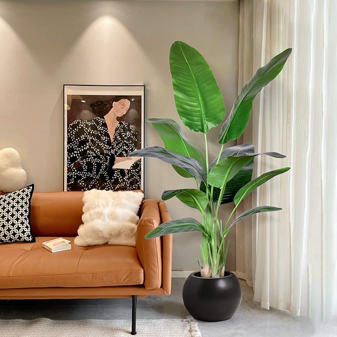 2Packs 5FT Artificial Bird of Paradise Plant,Faux Palm Tree Potted Plant with Real Touch Leaves,Fake Trees for Home Living Room Office Indoor Outdoor Decor(5 FT-2Packs)