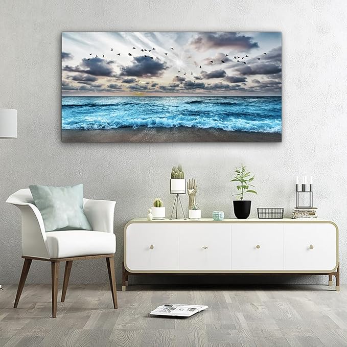 MHARTK66 Black And White Beach Wall Painting - Canvas Wall Art For Living Room, Bedroom, Office - Blue Sea Wave Pictures - Modern Hotel Room Home Decor - 20x40 In