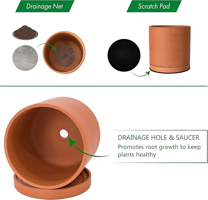 D'vine Dev Terracotta Pots for Plants, 5.3 Inch 6.5 Inch 8.3 Inch, Round Cylinder Planter Pot with Drainage and Saucer, 40-T-B-0