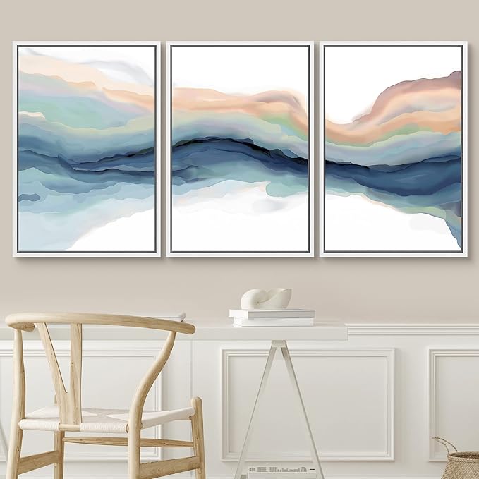 SIGNWIN Framed Canvas Print Wall Art Set Pastel Watercolor Teal Brown Paint Stroke Landscape Abstract Shapes Illustrations Modern Art Decorative for Living Room, Bedroom, Office - 24"x36"x3 White