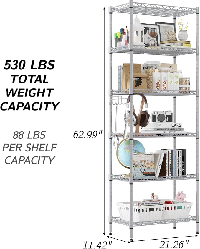 Homdox 6-Tier Storage Shelf Wire Shelving Unit Free Standing Rack Organization with Adjustable Leveling Feet, Stainless Side Hooks, Silver
