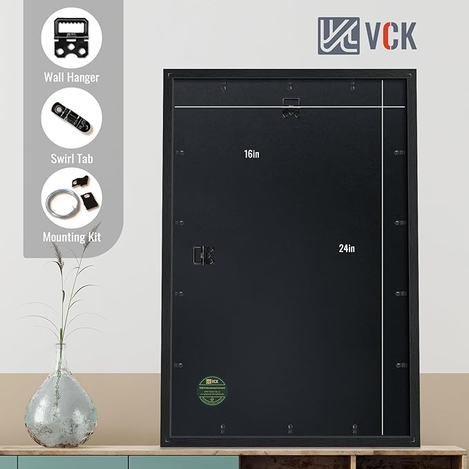 VCK 16x24 frame 5 Pack, Display Poster 12x18 with Mat or 16x24 without Mat, Textured Exclusive Solid Wood Picture Frame, Black