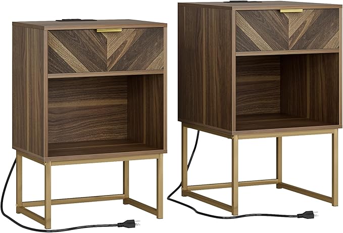 Masupu Extra Large Nightstand with Charging Station,Boho Night Stand Modern Farmhouse Wood Bedside Table with Storage Drawer and Open Shelf,Side End Table for Bedroom,Living Room,Office Brown