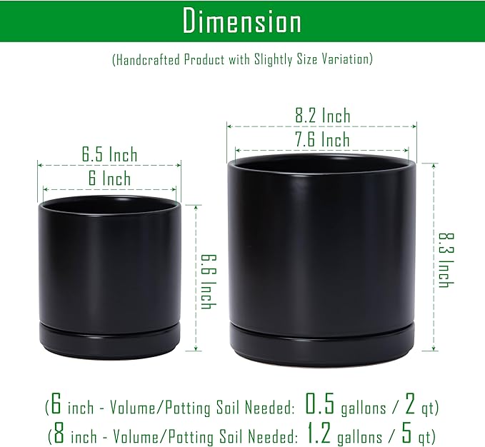 D'vine Dev 6 Inch & 8 Inch Ceramic Planter Pots for Plants with Drainage Hole and Saucer, Medium Plant Pots Set, Black, 94-G-M-2