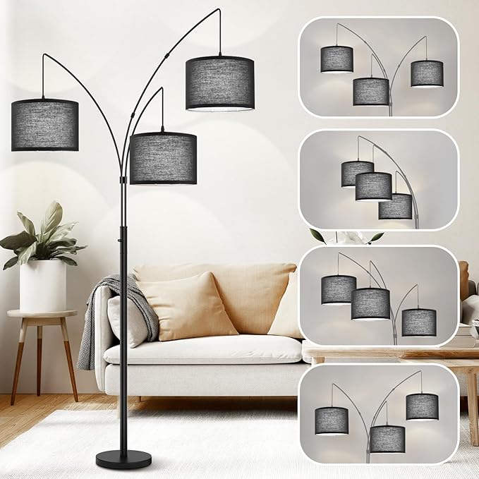 3 Lights Arc Floor Lamps for Living Room, Black Modern Tall Standing Lamp Hanging Over The Couch with Shades & Heavy Base,Mid Century Tree Floor Lamp for Bedroom Office