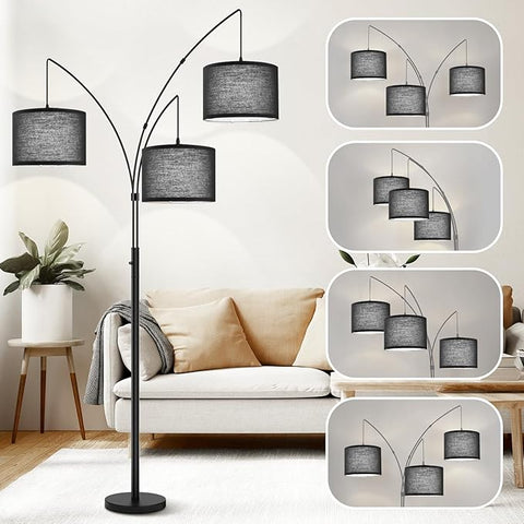 3 Lights Arc Floor Lamps for Living Room, Black Modern Tall Standing Lamp Hanging Over The Couch with Shades & Heavy Base,Mid Century Tree Floor Lamp for Bedroom Office