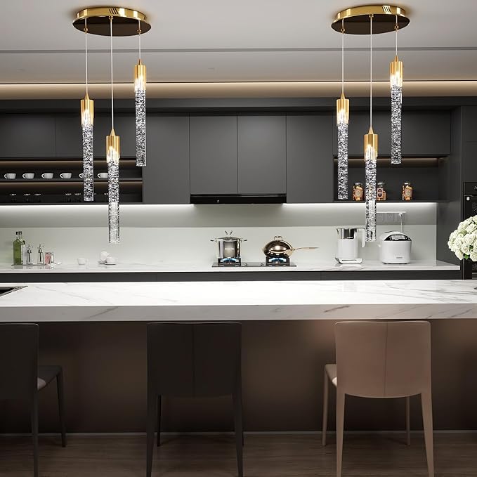 Flashing God Mini Gold Crystal Chandelier Integrated LED Pendant Light for Kitchen Island 3 Light Chandeliers Pendant Lighting with Remote Control