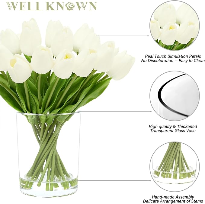 WELL KNOWN 20 Pcs White Tulips Artificial Flowers in Vase, Fake Flowers in Glass Vase, Real Touch Fake Tulips Artificial Flowers in vase with Faux Water for Home Decoration, Dining Table