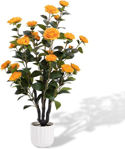 3.2FT Artificial Camellia Tree, Orange Silk Flowers, Indoor Faux Plants with Realistic Trunk in White Cement Pot for Home House Living Room Bedroom Office Decor, 1pc