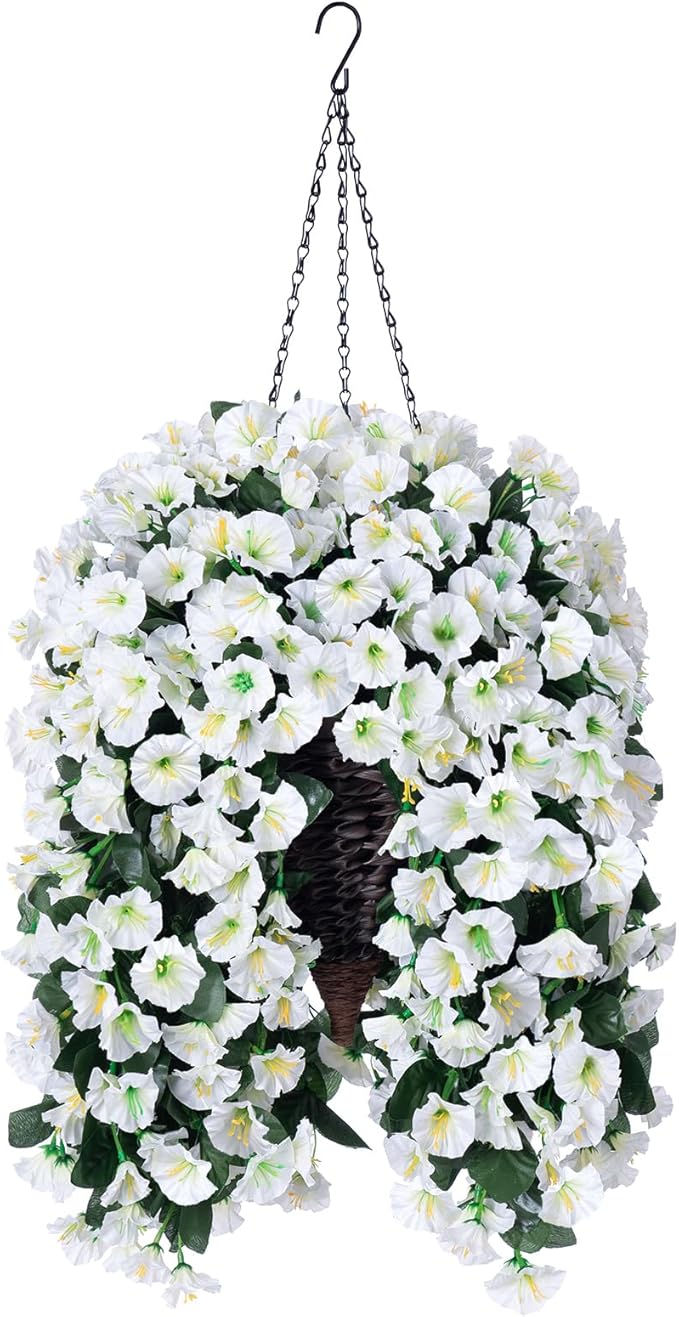 Artificial Fake Flowers Plants Hanging Baskets for Outdoor Outside Fall Decor, Faux Silk Hanging White Morning Glory Trailing Vines UV Resistant Look Real for Porch Patio Home Decoration