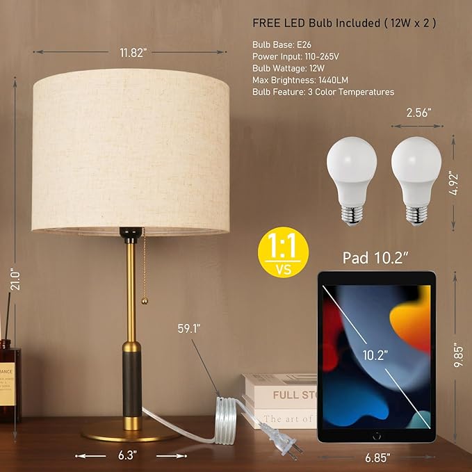 21" Set of 2 Modern Table Lamp Bedside Lamps for Bedroom Living Room Nightstand Lamp for End Tables 3-Color Temperatures Pull Chain Wood Fabric for Home Office Desk Decor (Light Brown+Brass)