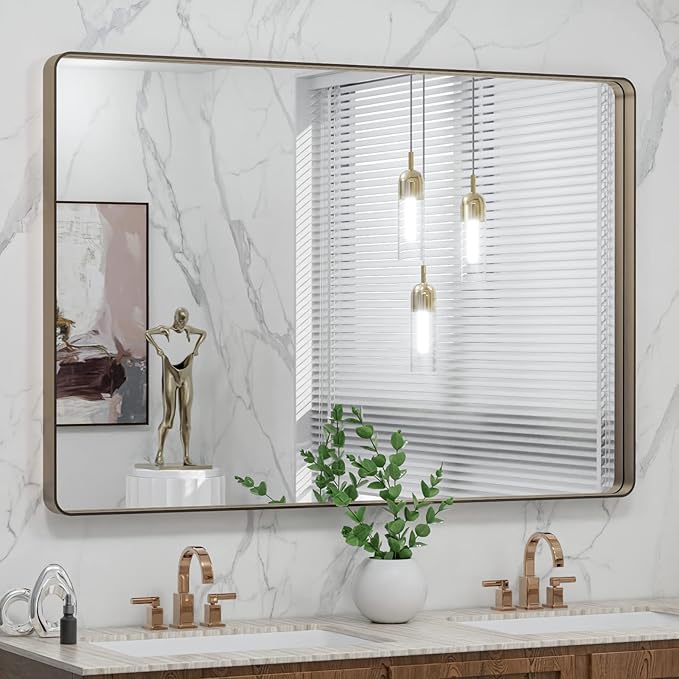LOAAO 48”X32” Bronze Bathroom Mirrors for Vanity, Rounded Rectangle Brushed Bronze Metal Frame Mirror, Anti-Rust, Tempered Glass, Hangs Horizontally or Vertically