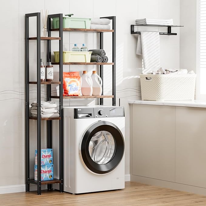 OTK Over The Toilet Storage with 7-Tier Bathroom Organizer Shelf, Freestanding Space Saver with Hooks & Adjustable Feet, Storage Rack for Bathroom, Restroom, Laundry, Vintage