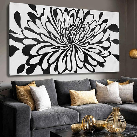 Modern Large Framed Artwork Black Line Art Flowers Painting on Canvas Office Home Wall Decor White Pictures 29x58 Inch Neutral Wall Art