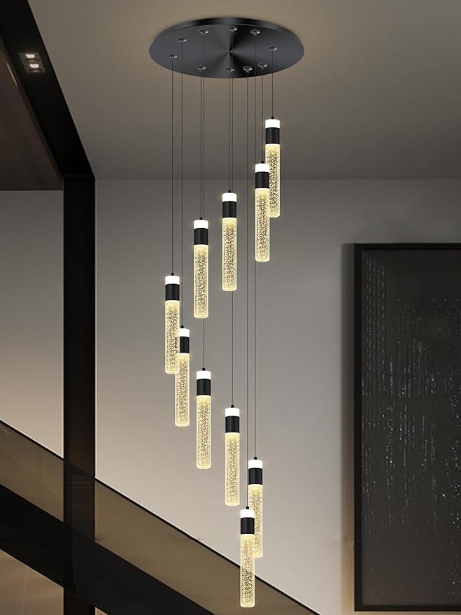 10-Light Black Modern Crystal Chandelier for Living Room Foyer Entrance 110" Long Bubble Crystal Chandelier for Loft High Ceiling Lighting Fixtures LED Lampara, 3000k-6000K