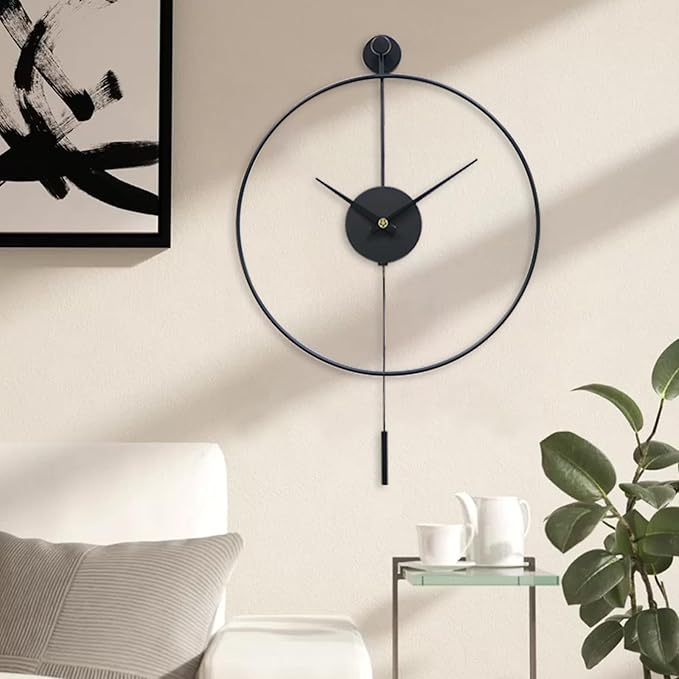 YISITEONE Classical Large Decorative Wall Clock with Pendulum, Modern Non-Ticking Silent Metal Wall Clocks for Living Room, Bedroom, Study, Office, 23.6" (Black)