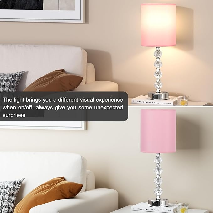 Touch Bedside Crystal Lamps for Bedrooms Nightstand with USB C+A Charging Port and AC Outlet White, 3 Way Dimmable Silver Large End Side Table Lamp for Living/Guest/Dinning Room/Kitchen