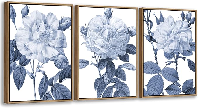Large Framed Canvas Wall Art - Natural Float Framed Blue Gray Flowers Pictures Decor Rustic Blossom Leaves Botanical Artwork for Living Room Bedroom Kitchen Home Office Decoration 60" X 28" Set of 3