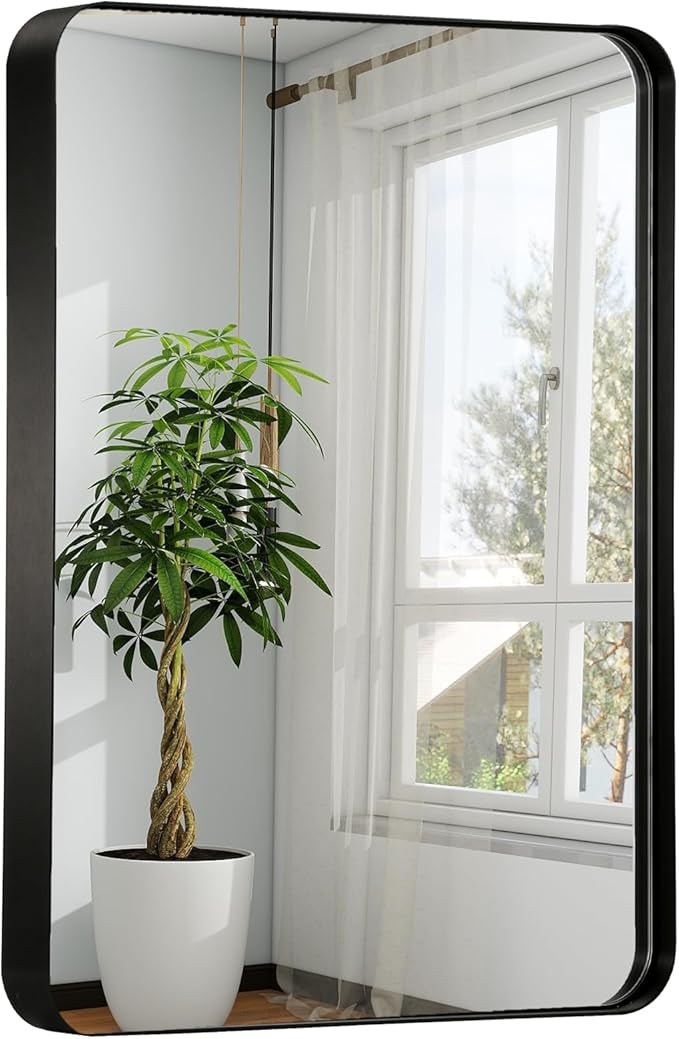 22x30 Inch Black Bathroom Mirror, Brushed Metal Framed Rectangle Mirror with Rounded Corner, Black Bathroom Vanity Mirror for Bedroom or Living Room, Horizontal/Vertical