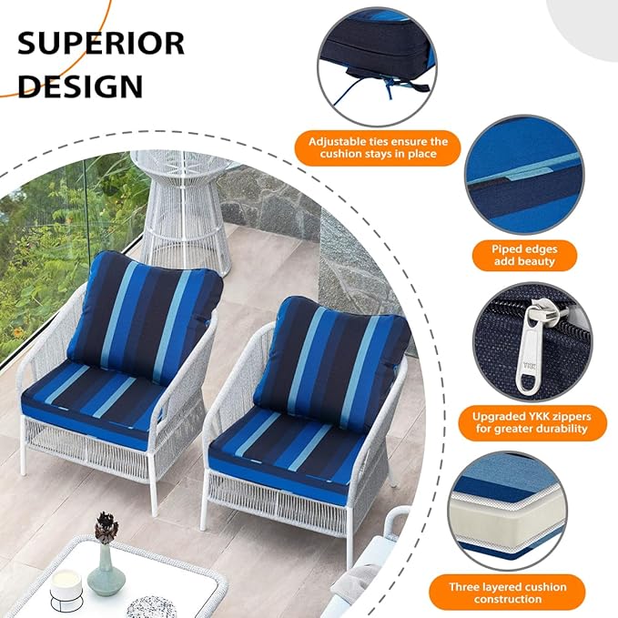 Sundale Outdoor Sunbrella Deep Seat Cushions, Patio Acrylic Sectional Sofa Couches Cushion and Pillow, Water-Resistant Furniture Replacement Cushions, 23 x 26 x 4 inches - Gateway Indigo