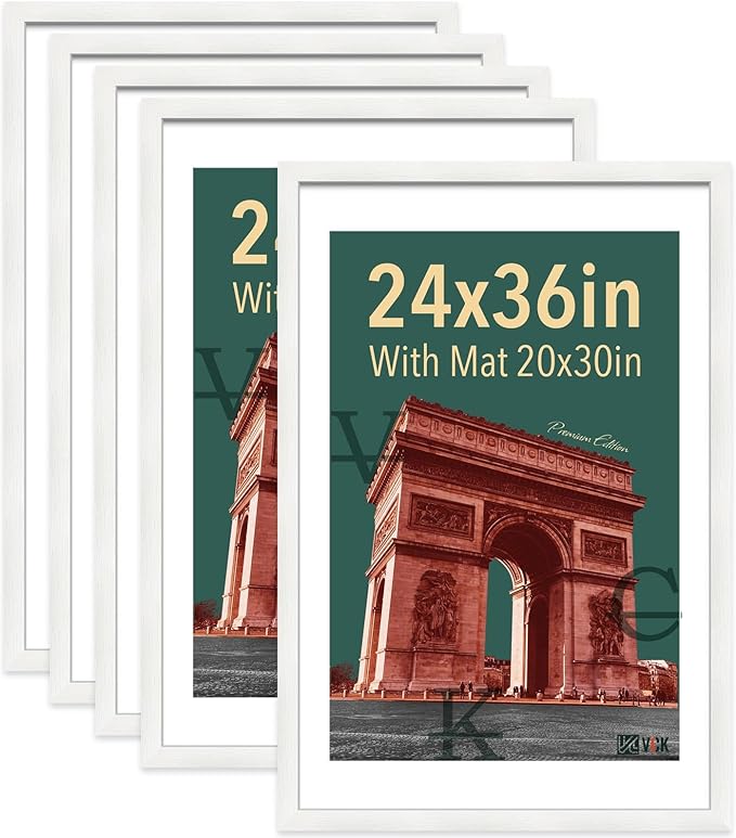 VCK 24x36 Poster Frame 5 Pack - with Mat 20x30, White Solid Wood Picture Frame with Textured Exclusive, Horizontal and Vertical Formats with Included Hanging Hardware