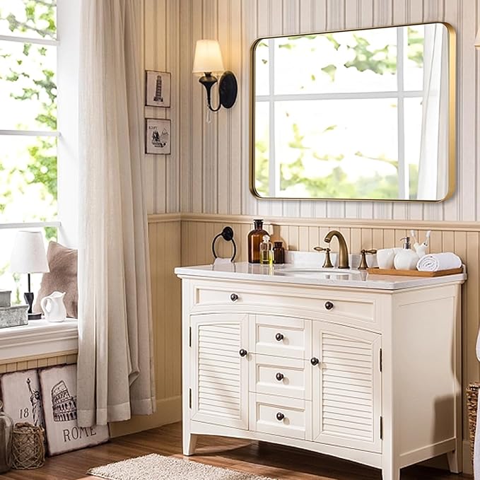 24x36 Inch Rectangle Bathroom Mirror, Brushed Gold Vanity Mirrors for Wall, Metal Frame Wall Mirror, Mirror with Round Corner for Bedrooms, Entryways, Living Rooms, Horizontal/Vertical