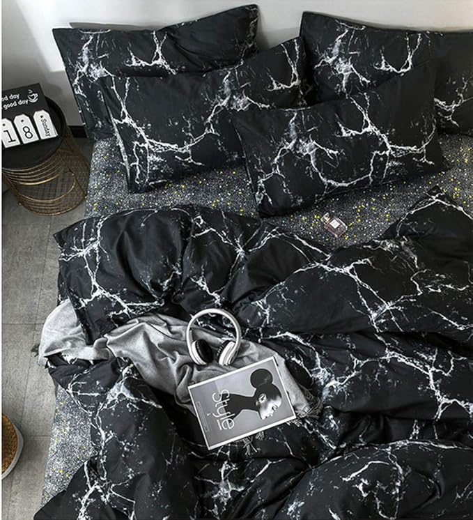 Luxlovery Black Marble Comforter Set Queen Black Marble Bed Set Full Cotton Comforter Cozy Beathable Soft Black and White Marble Quilts Blanket Modern Comforter Set