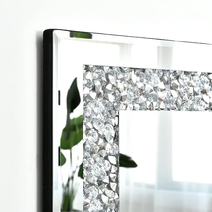 Crystal Decorative Mirror-24 x24 Rectangle Gorgeous Silver Mirror, Crush Diamond Mirror for Wall Decoration Bedroom, Hallway, Dining Room