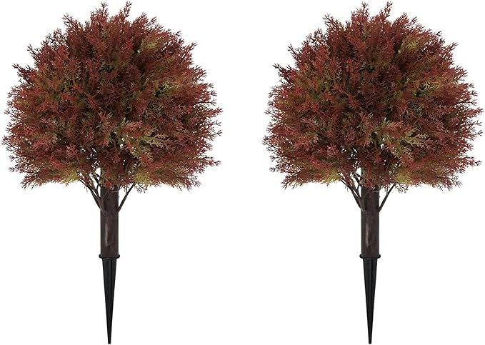 24" Fall Cedar Topiary Trees Artificial Outdoor, Set of 2 Faux Bushes and Shrubs with Ground Spike, UV Resistant Realistic Large Fake Ball Plants for Front Porch Outside Planters Backyard Decor