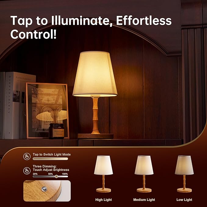 Table Lamp Bedside Desk Lamp,Cordless Rechargeable Battery Operated Lamps for Bedroom Night Stands,3 Colors Touch Dimmable Small Table Kitchen Lamps for Living Room,4000mAh LED (Fabric Shade)