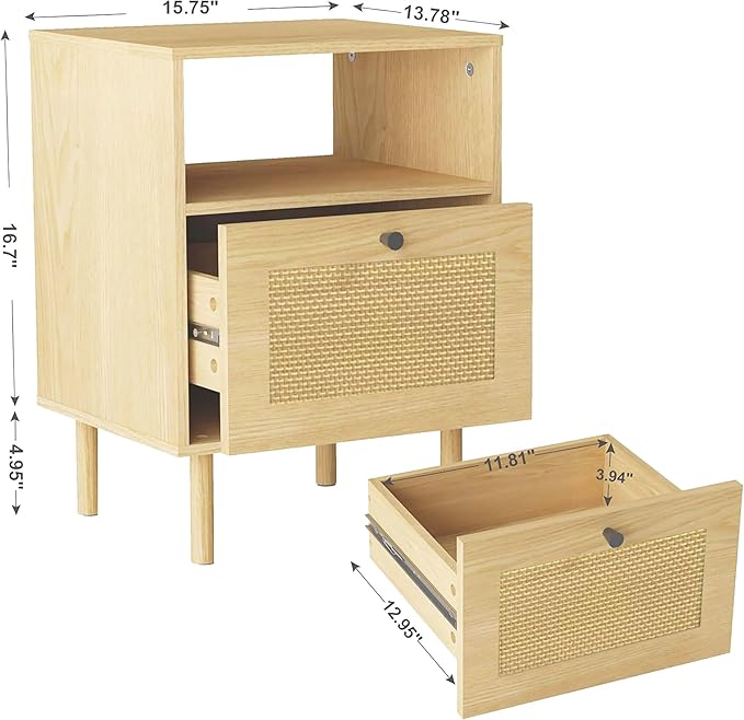 Rattan Nightstand with Storage Boho Modern Farmhouse Bedside Table with Drawer & Open Shelf Light Wood End Table for Bedroom, Living Room, Office, Dorm - Natural Walnut 0ak Color