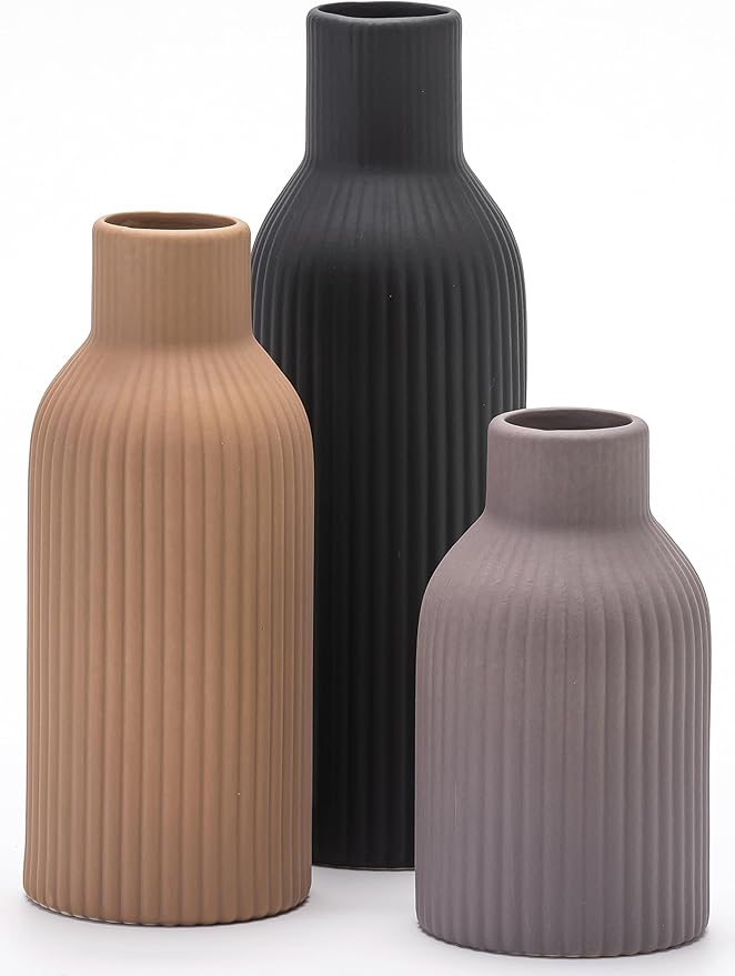 Ceramic Vase Set of 3, Flower Vases for Spring Room Decor, Kitchen Farmhouse, Modern Boho Style(Khaki/Black/Grey)