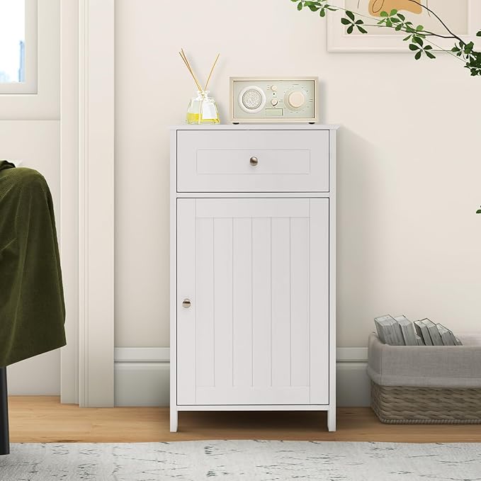 Tangkula Small Bathroom Cabinet for Small Spaces, Freestanding Single Door Bathroom Storage with Adjustable Shelf, Anti-Tipping Device, Smooth Drawer, Floor Cabinet for Living Room