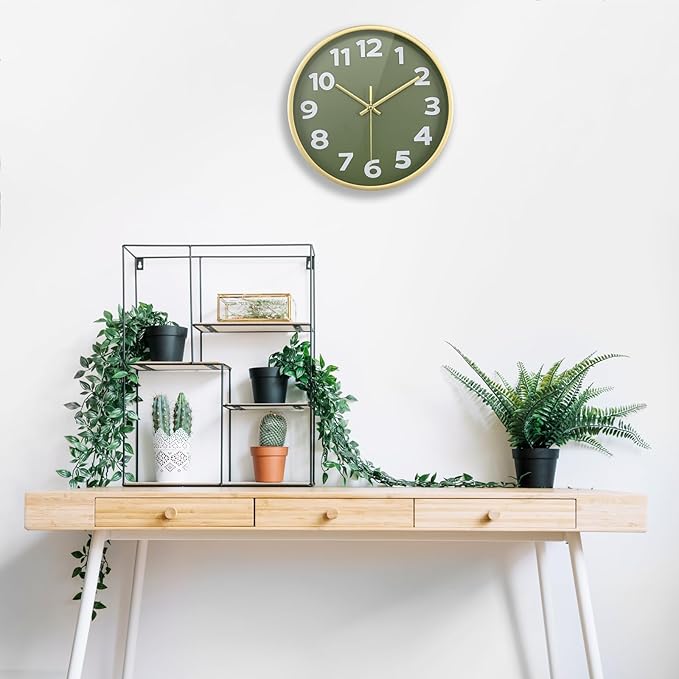 Wall Clock, 10 Inch Silent Wall Clocks Battery Operated, Modern Non-Ticking Analog Clock Decorative for Kitchen Bedroom Office Bathroom- Olive Green and Gold