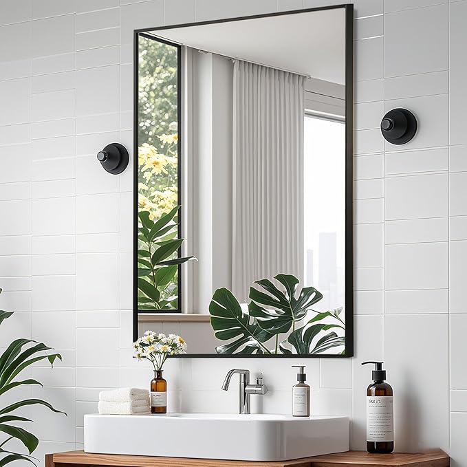 Matte Black Mirror, 24x32 Inch Aluminum Framed Rectangle Mirror, Anti-Rust, Tempered Glass, Square Corner Wall Mirror for Over Sink, Vanity, Bedroom, Entryway, Horizontal/Vertical
