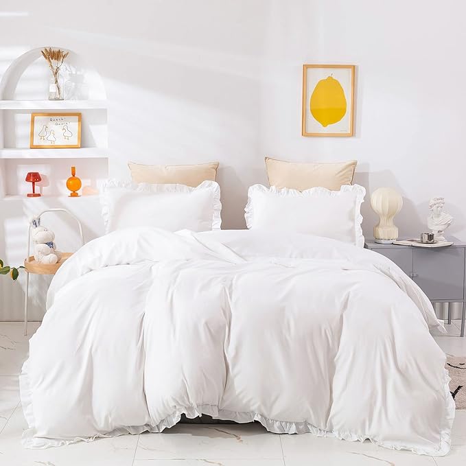 Luxlovery White Comforter Set California King Ruffle White Bedding Comforter Set Plain White Shabby Chic Farmhouse Blanket Quilts Vintage Rustic Bedding Set for Cal King Bed
