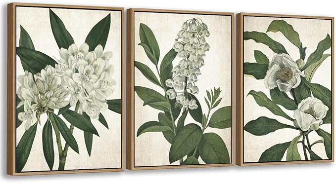 Large Framed Canvas Wall Art - Natural Float Framed White Flowers Green Leaves Pictures Decor Simple Botanical Plants Artwork for Living Room Bedroom Kitchen Home Office Decoration 60" X 28" Set of 3