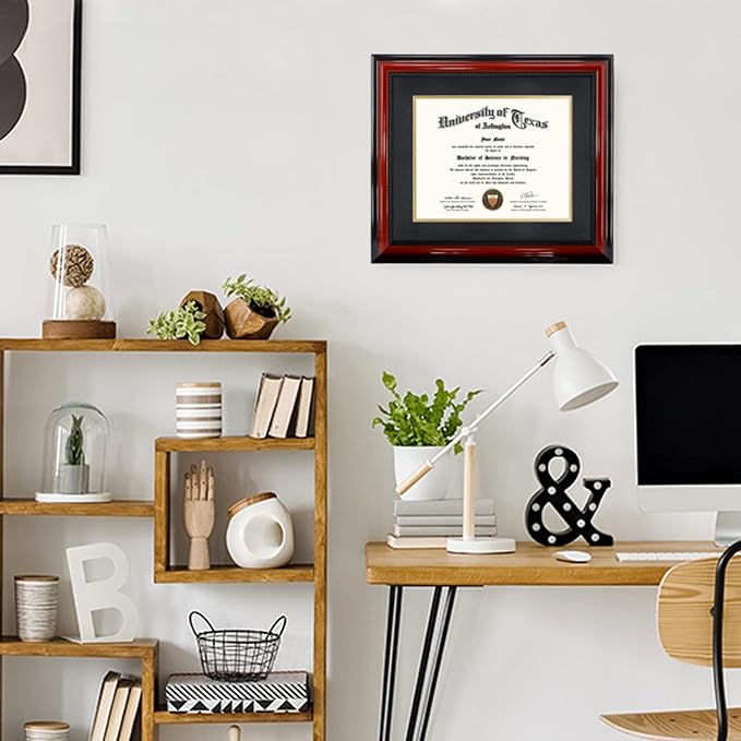 11x14 Diploma Degree Frame with Mat or Display 15x18 Certificates without Mat,Solid Wood,Cherry Finish with Intricate Black Rope Detail,UV Protection Acrylic
