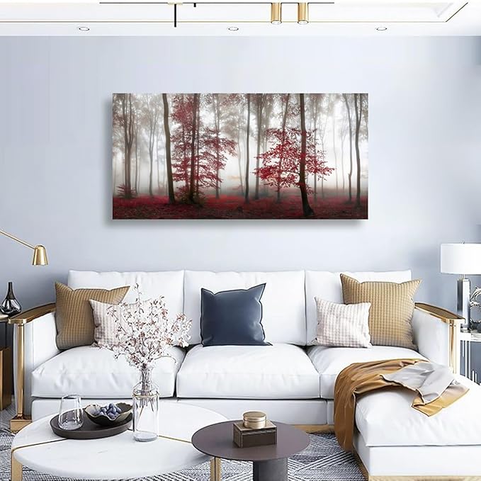 Misty Forest Pictures Canvas Wall Art for Living room Office Bedroom Wall Decor,Forest Wall Art Print Paintings Modern Nature Red Tree Artwork Waterproof Ready to Hang-28x57 inch